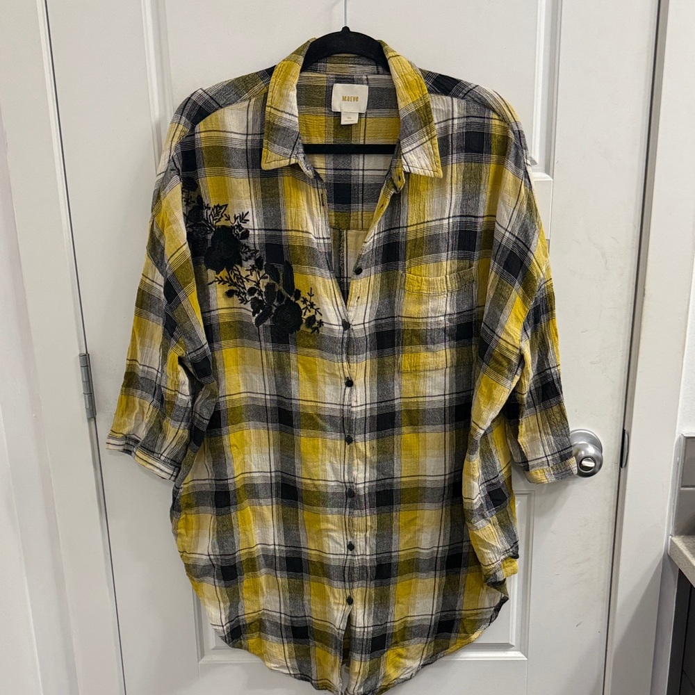 Anthropologie Maeve Yellow and Black Plaid Shirt‎ Size Med/Large